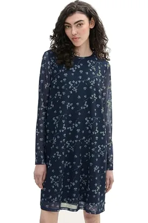 TOM TAILOR Damen 1043158 Mesh Mini-Kleid mit Muster, 35915-Navy Green Clover Leaf Print, Small