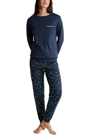Calida Sweet Dreams Bündchen-Pyjama Damen, aus 100% Baumwolle, Hose mit stoffbezogenem Gummibund