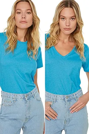 Trendyol Damen Suprem V-ausschnitt und Rundes Kragen 2 Packung Basic Gestricktes T-shirt T-Shirt Western, , S