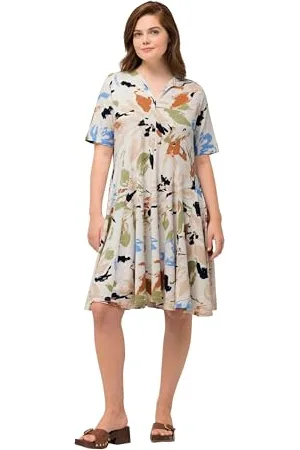 Ulla Popken Damen Flared Dress with Floral Print Kleid, , 50-52 EU