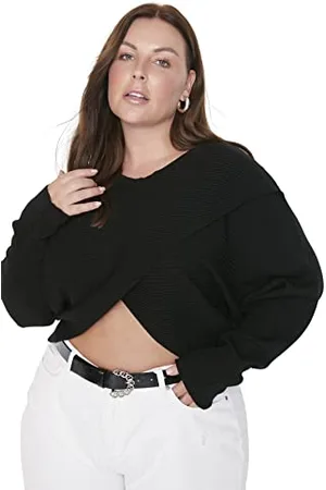 Trendyol Damen V-Ausschnitt Plain Regular Plus Size Pullover Sweatshirt, , 3XL Größen