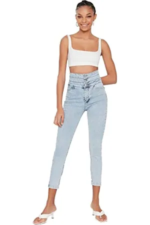 Trendyol Blauer Taille im Freien detaillierte super hohe Taille Skinny Jeans, klar blau, 34