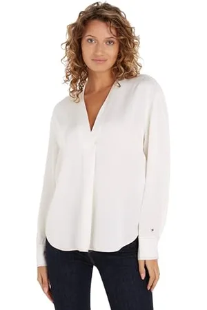 Tommy Hilfiger Damen Bluse Stitch Blouse V-Ausschnitt, Beige (Ancient White), 46