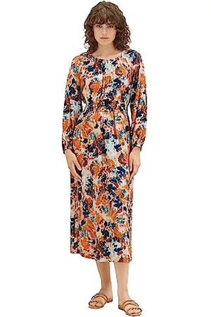TOM TAILOR Damen 1037929 Maxikleid mit Raffung, 32367-grey orange tie dye floral, 38