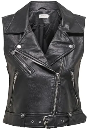 ONLY Kunstleder Biker Weste Kurz Lässige Cropped Jacke ohne Ärmel Asymmetrisch Taille ONLVERA, Farben:Schwarz-2,Größe Damen:S