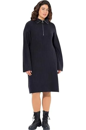 Ulla Popken Damen Strickkleid, A-Linie, Rippstrick, Troyerkragen, Langarm Kleid, , 50-52 EU