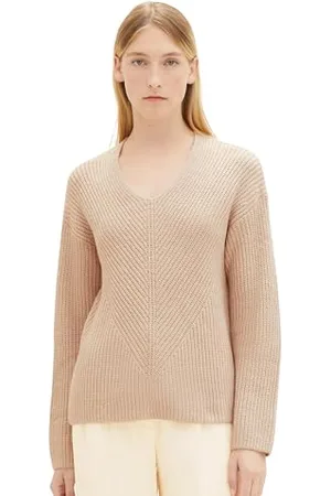 TOM TAILOR Damen 1039242 Basic Pullover mit V-Ausschnitt, 33962-doeskin Melange, XXL