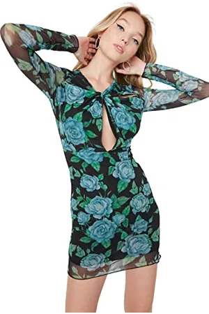 Trendyol Damen Figurbetont Bodycon Asymmetrischer Kragen Gestrickt Kleid, Mehrfarbig, 42