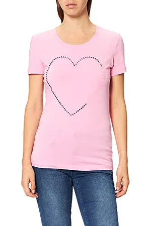 Moschino Damen Fitted Short Sleeved hue Rhinestone Heart with Shiny Print on Chest T-Shirt, PINK, 42