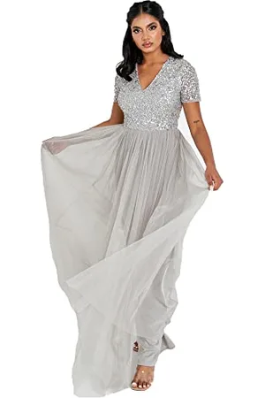 Maya Deluxe Abendkleid mit Pailletten Cocktailkleid Damen mit V-Ausschnitt Tüllkleid Grau Größe 42