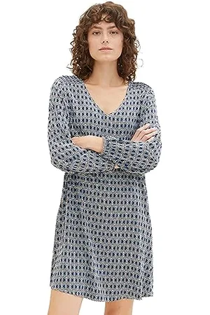 TOM TAILOR Damen Kleid aus Viskose mit V-Ausschnitt, blue brown geometrics print, 38
