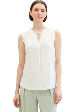 TOM TAILOR Damen Basic Bluse mit Rüschen-Detail am Kragen, Whisper White, 38