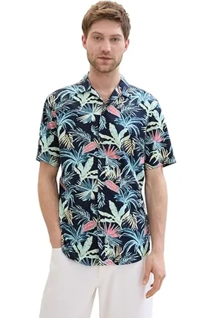 TOM TAILOR Herren Regular Fit Hemd mit Sommer-Allover-Print, navy tropical leaf design, XXL
