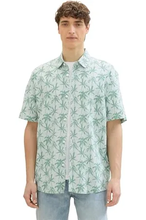 TOM TAILOR Herren Relaxed Fit Kurzarm Hemd mit Palmen-Muster, , L