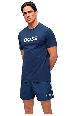 HUGO BOSS Herren T-Shirt RN Relaxed-Fit T-Shirt aus Bio-Baumwolle mit Kontrast-Logo Dunkelblau XXL