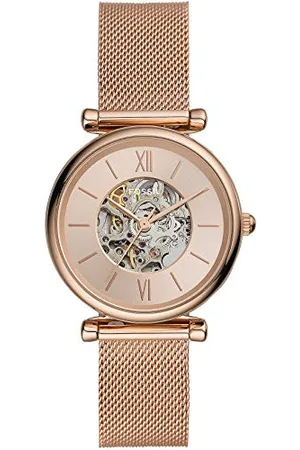 Fossil Uhr für Damen Carlie, Automatikwerk, 35mm Rose Gold Edelstahlgehäuse mit EdelstahlMeshArmband, ME3175
