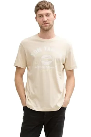TOM TAILOR Herren 1037735 T-Shirt aus Baumwolle mit Logo-Print, 10336-Light Cashew Beige, XXL