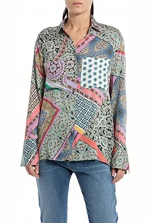 Replay Damen Bluse Langarm All Over Print, (Mehrfarbig), L