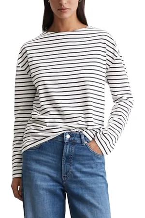 Marc O’ Polo Marc OߴPolo Denim Damen Langarmshirt mit U-Boot-Ausschnitt gestreift, Weiß , S