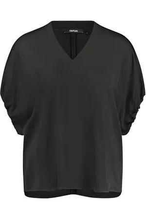 Taifun Damen Bluse mit gerafftem Kurzarm Kurzarm, weiter Arm, überschnittene Schultern unifarben 40