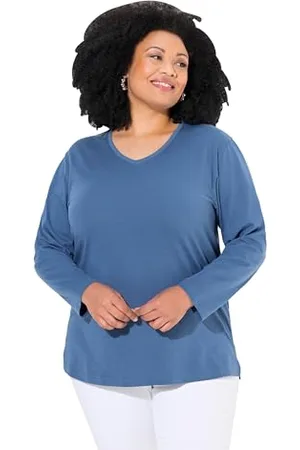 Ulla Popken Damen V-Ausschnitt, Relaxed, Basic-V-Shirt, Langarm, , 46-48 EU