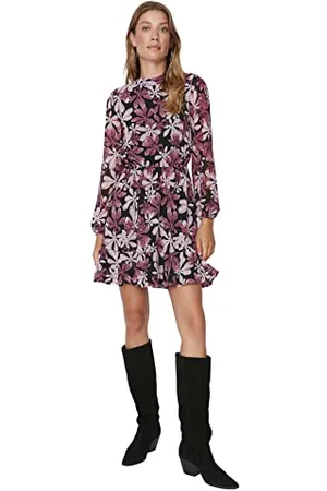 Trendyol Damen Regular A-Linie Stehkragen Webstoff Kleid, Mehrfarbig, 36