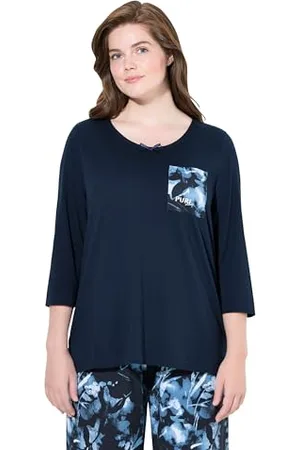 Ulla Popken Damen große Größen Übergrößen Plus Size Pyjamashirt, U-Boot-Ausschnitt, 3/4-Arm, Biobaumwolle