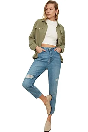 Trendyol Damen Dark Blue Torn Detailed High Waist Mother Jeans, Dunkelblau, 42 EU