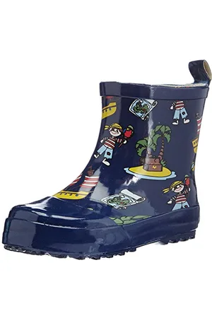 Playshoes Kinder Kurzer, Alloverdruck Halbschaft-Gummistiefel aus Naturkautschuk, trendige Unisex Regenstiefel mit Reflektoren, mit Piraten-Muster, Blau (Marine), 18 EU, 180363