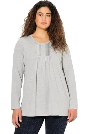 Ulla Popken Damen Shirt, Falten, Perlen, A-Linie, Rundhals, Langarm, , 54-56 EU