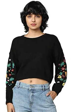 ONLY Damen ara L/S Emb KNT Pullover Sweater, Schwarz, L EU