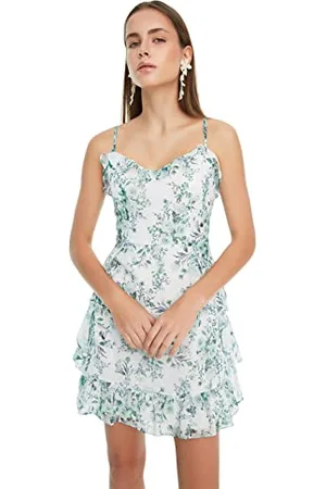 Trendyol Damen Damen Mini-kleid mit Rüschensaum, Normale Passform, Gewebtes Kleid Lässig Damen Mini-Kleid mit Rüschensaum, normale Passform, gewebtes Kleid, , 38