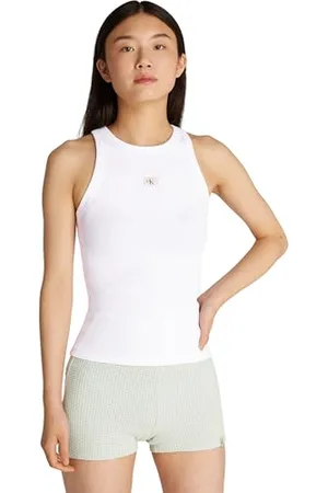 Calvin Klein Damen Tank Top Woven Label Rib Slim Fit, Weiß (Brilliant White), XS