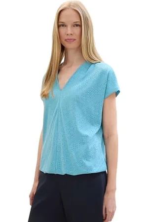 TOM TAILOR Damen Basic Blusen-Shirt mit Lochstickerei-Details, light teal blue, XXL