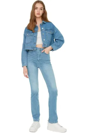 Trendyol Damen Herren Hoher Bund Flared Jeans, Hellblau, 32 EU