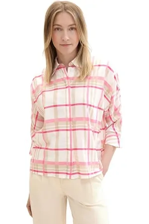 TOM TAILOR Damen Oversized Bluse mit Karomuster, beige pink check, 34