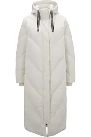 HUGO BOSS Damen Favella-1 Langer Relaxed-Fit Steppmantel mit Logo-Tunnelzug Weiß XS