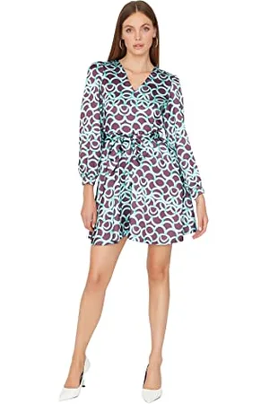 Trendyol Damen Woman Mini Skater V-Neck Woven Dress Kleid, Multi-Color, 40 EU