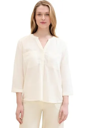 TOM TAILOR Damen Basic Leinen-Bluse mit Brusttaschen, Whisper White, 32
