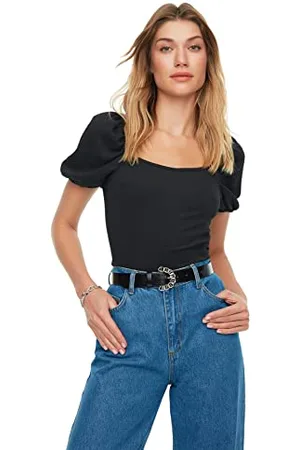 Trendyol Damen Slim Fit Basic Square Strickbluse mit quadratischem Kragen, , S