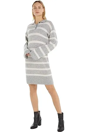 Tommy Hilfiger Damen Polokleid Soft Wool Langarm, Mehrfarbig (Breton Stp Grey Heather/Ecru), XL