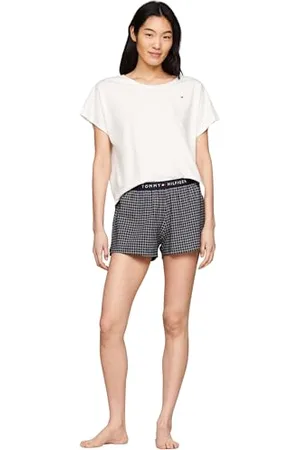 Tommy Hilfiger Damen Pyjama-Set Jersey Kurz, Blau (Ivory / Desert Sky Grid Check), XS