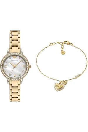 Emporio Armani Damen Goldfarbene Edelstahl Uhr und Armband Sterlingsilber, Set