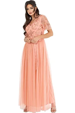 Maya Deluxe Damen Womens Maxi Dress Ladies Ball Gown for Wedding Guest Embellished Tie Waist V Neck Bridesmaid Prom Evening Occasion Kleid, , 32