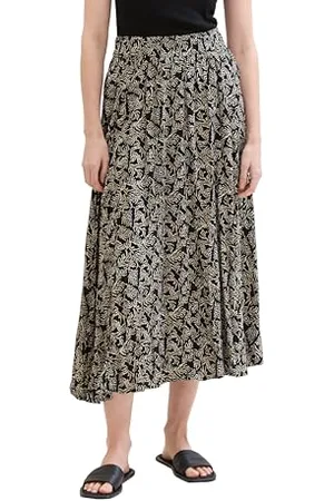 TOM TAILOR Damen Midi Rock mit crinkle effect , black palm minimal design, 38
