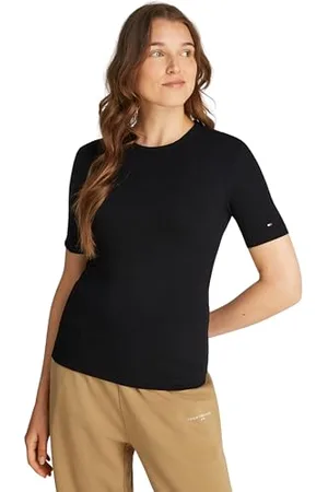 Tommy Hilfiger Damen T-Shirt Kurzarm Rib Rundhalsausschnitt, Schwarz (Black), S