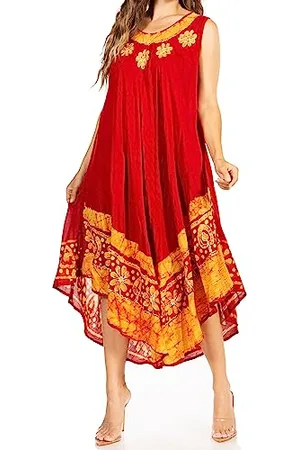 Sakkas A900 Batik Flower Caftan Tank Kleid/Cover Up - Rot/Gold - Einheitsgröße