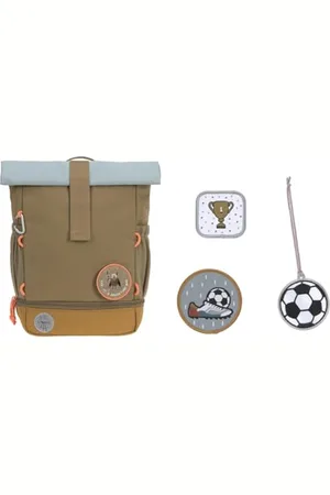 LÄSSIG Kindergartenrucksack Kinderrucksack Rolltop mit Brustgurt wasserabweisend & Anhänger und Patches Set (3 STK.) mit Druckknopf/School Patches Set Football