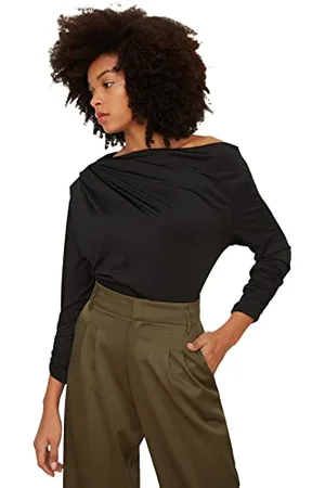 Trendyol Damen Kajakkragen drapierte gestrickte Bluse Blouse, Black, XS