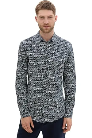 TOM TAILOR Herren 1042643 Tailliertes Hemd mit Alloverprint, 35992-Navy Triangle Design, XXL